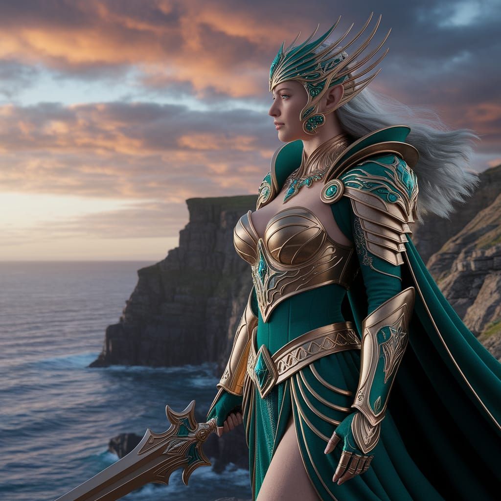 Warrior Queen on Cliff Overlooking Ocean in Art Deco Fantasy...