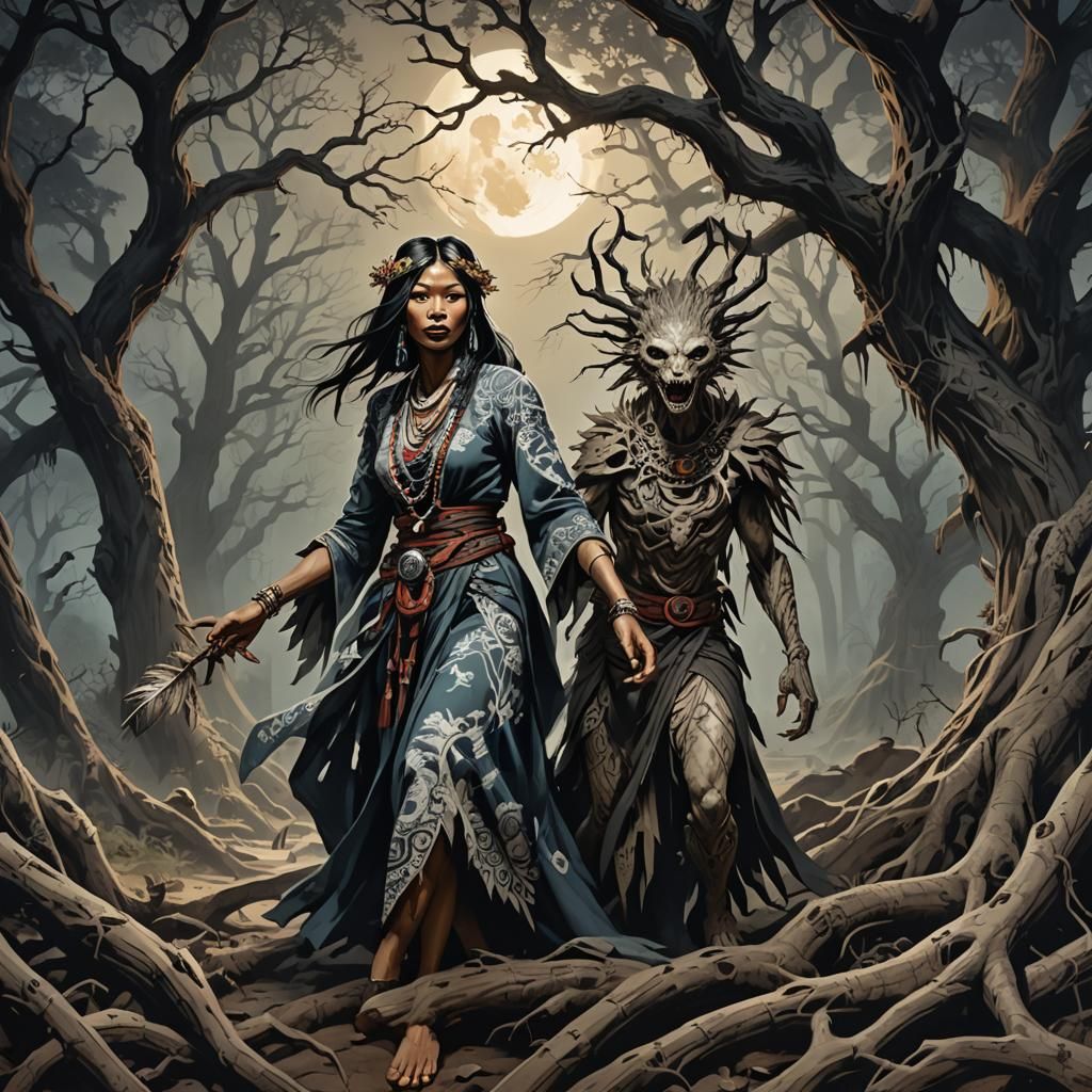 Eerie Female Skinwalker in Anime Key Visual Style