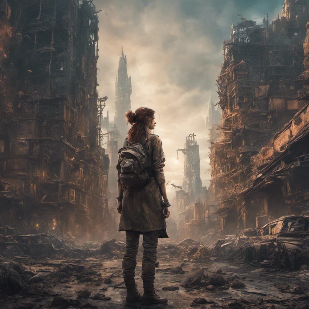 Post-Apocalyptic Woman Gazing at Ruined City