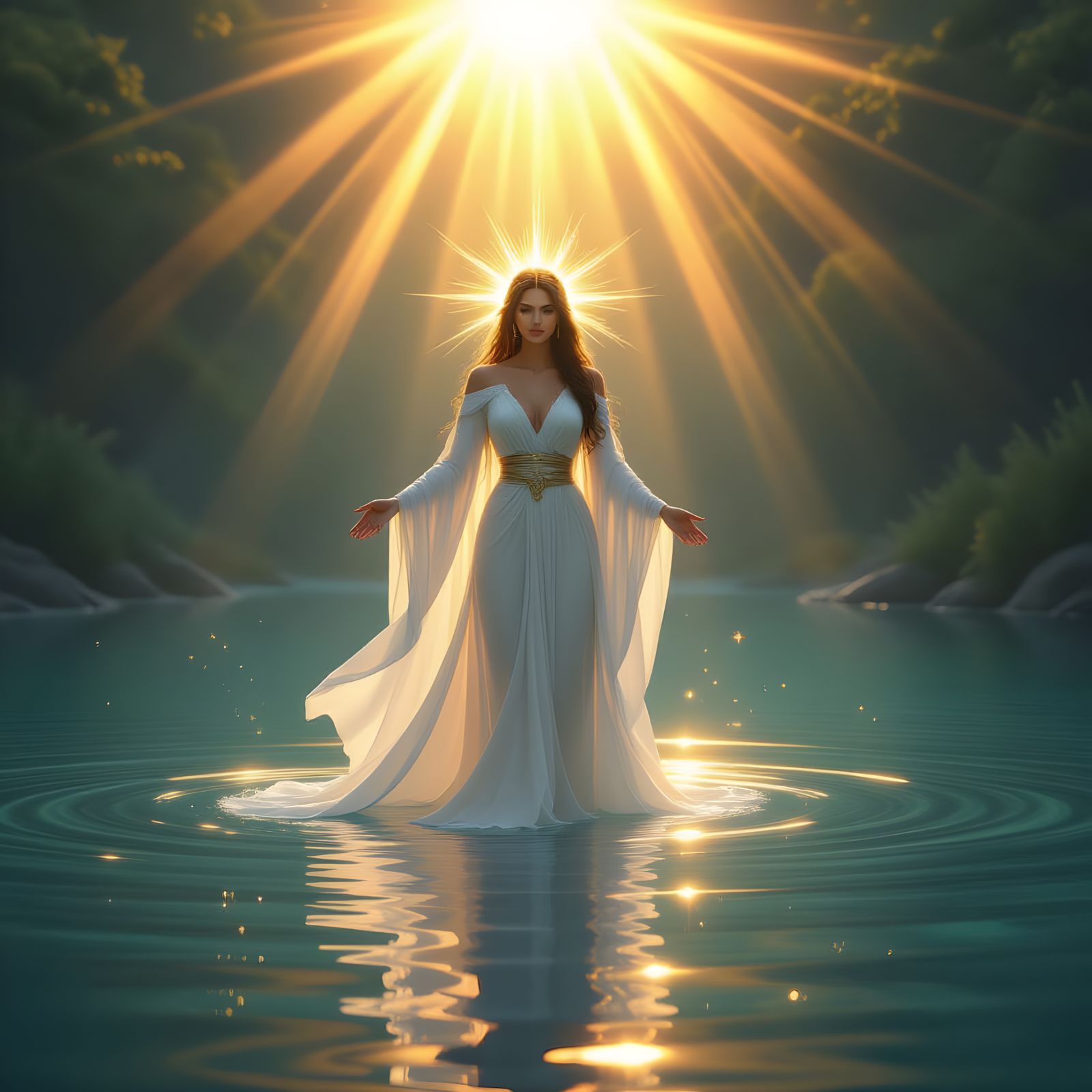 Goddess in Lake with Sun Ray Halo