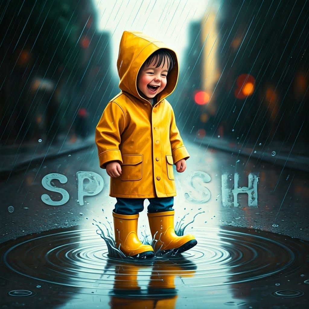Child's Rainy Day Puddle Splash, Playful Art Style