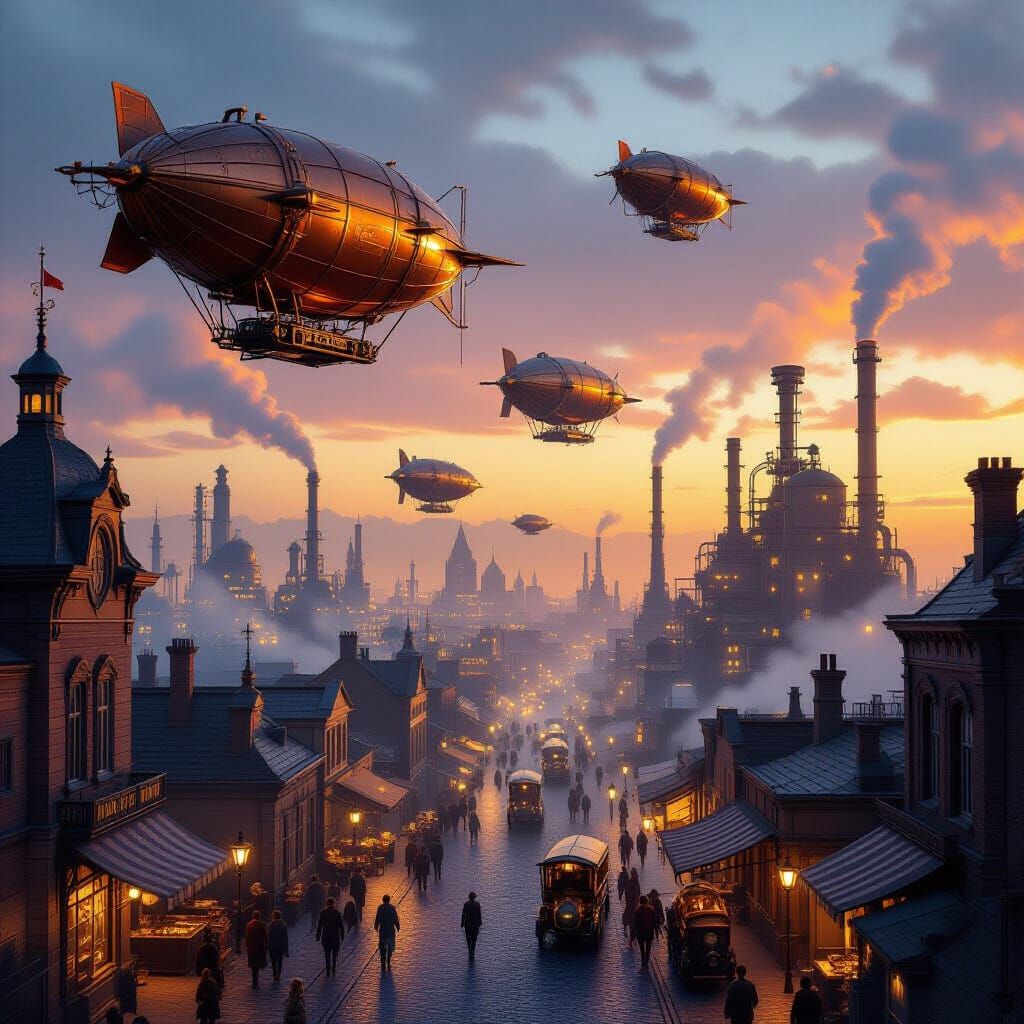 Steampunk Cityscape at Dusk with Airships and Cogwork