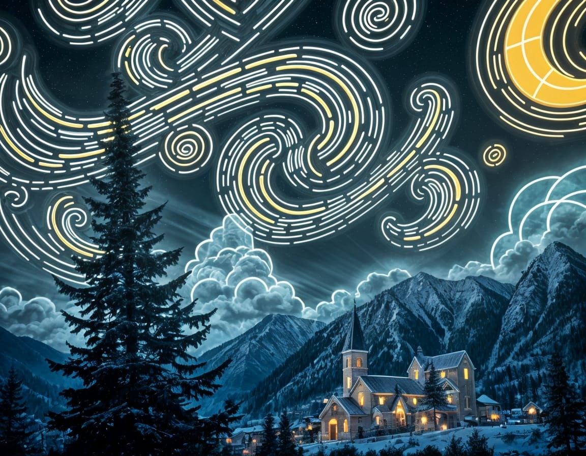 Neon Night Village with Spiraling Lights