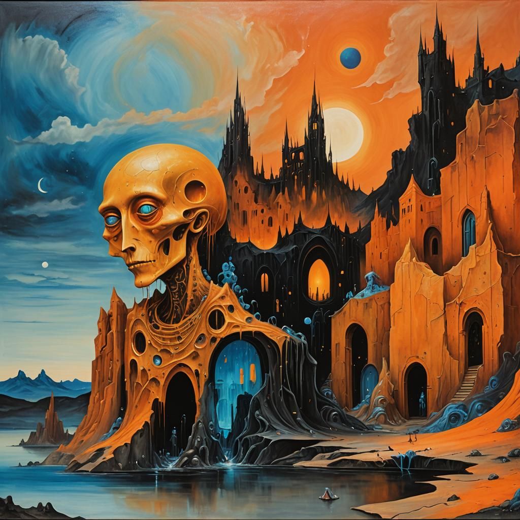 Surrealistic oil painting. Medium shot. A dreamlike scene of...