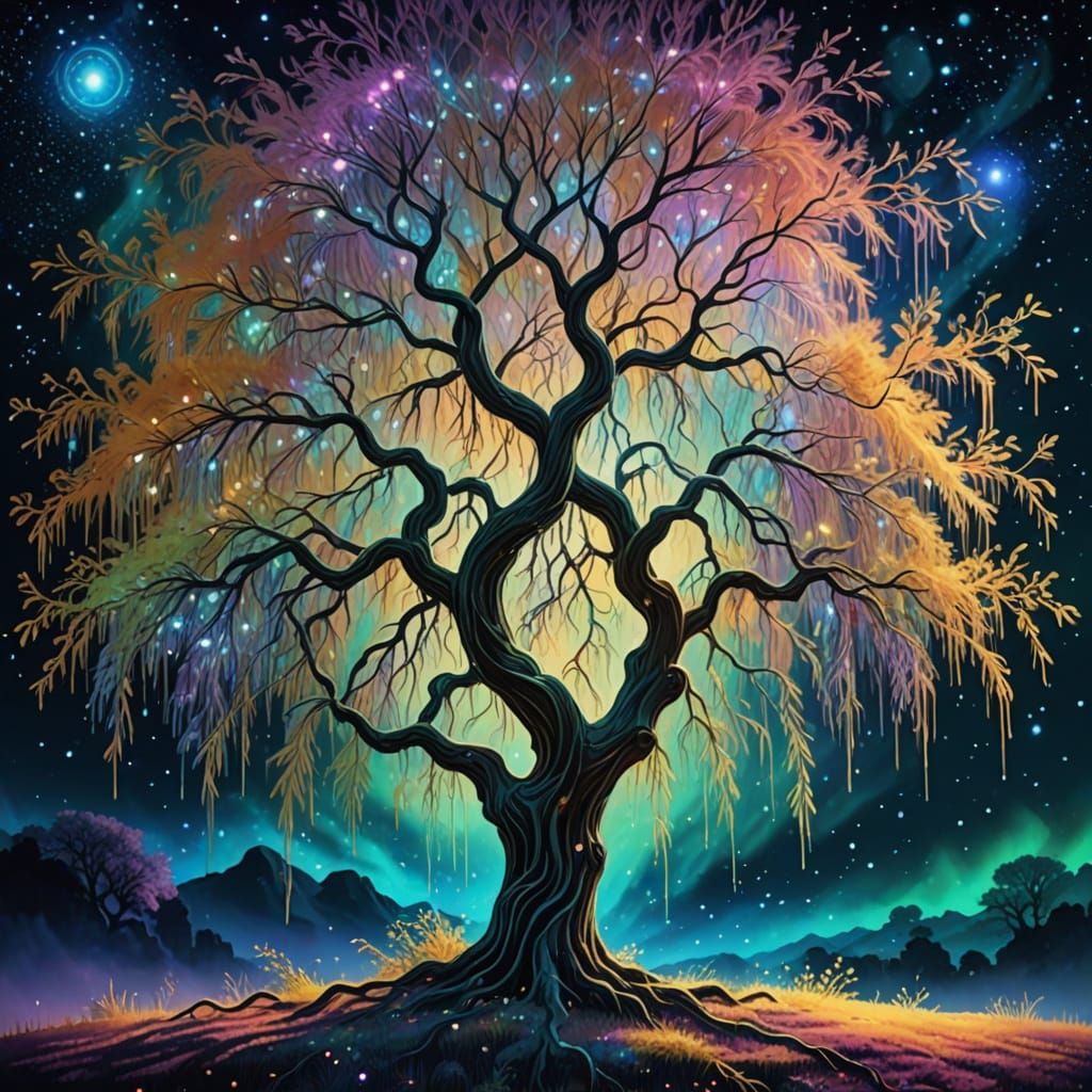 Surreal Cosmic Tree Shines with Iridescent Beauty