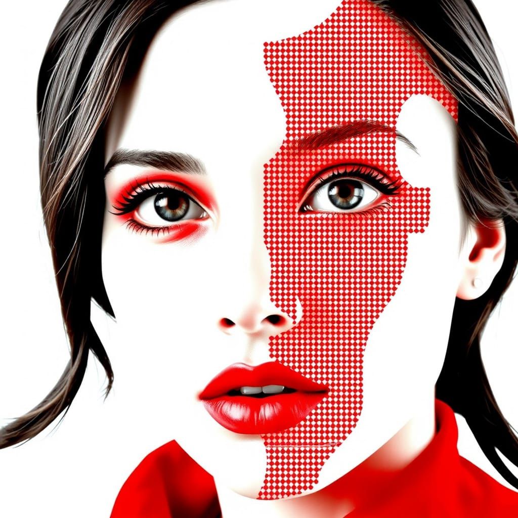 Geometric Woman Portrait in Red and White Duotone