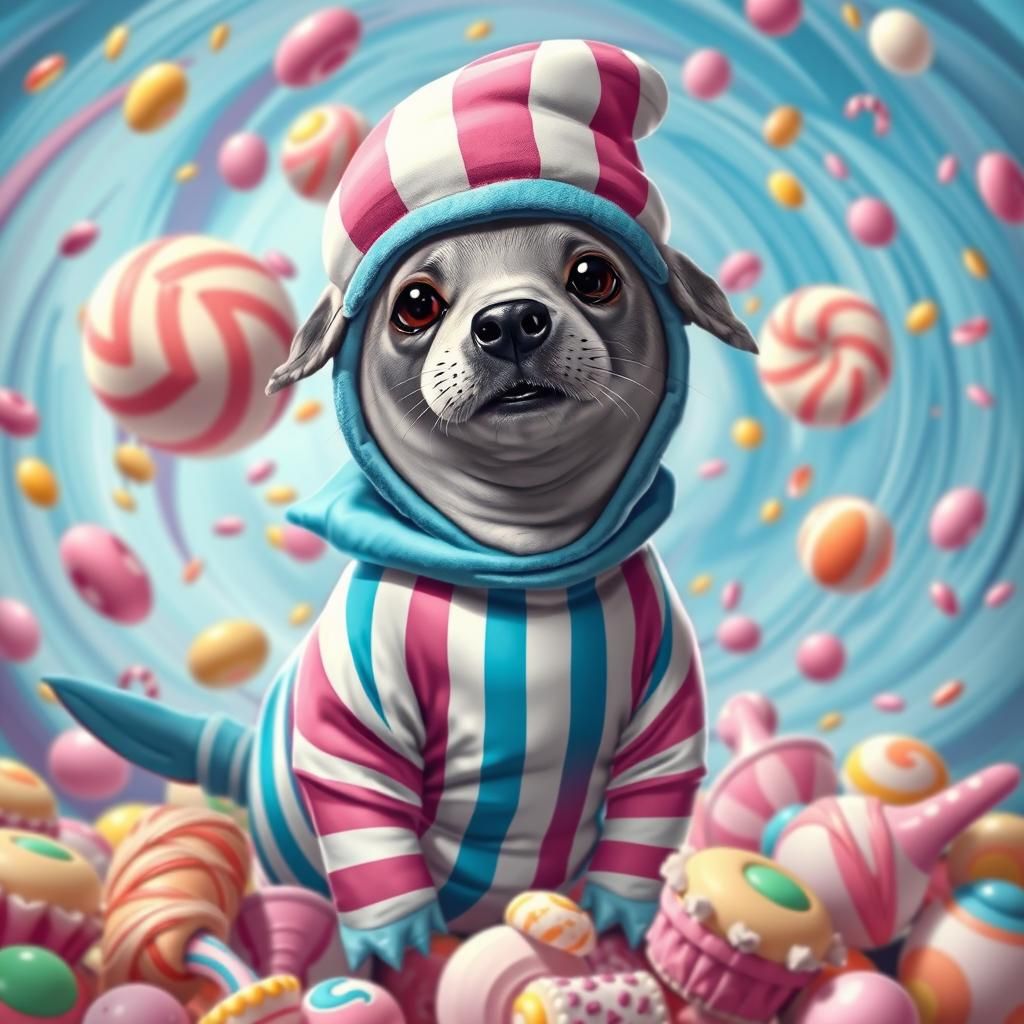 Seal-Dog-Shark Hybrid in a Candyland Dreamscape