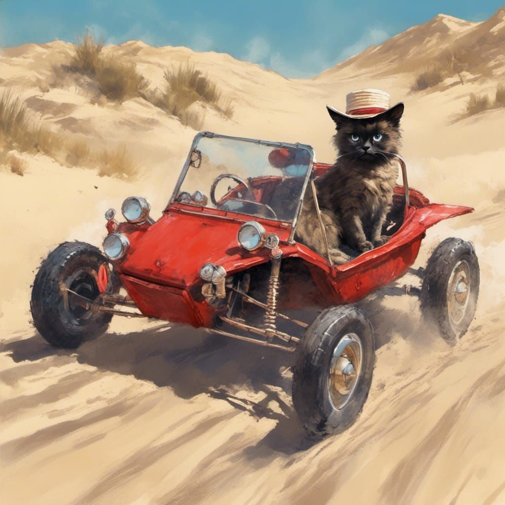 Cat Drives a Dune Buggy on the Beach