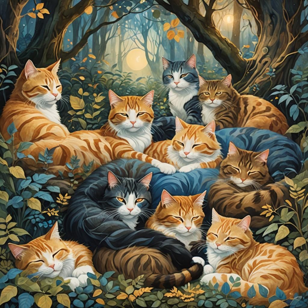 Cozy Cats Sleeping in Dreamy Forest Glade