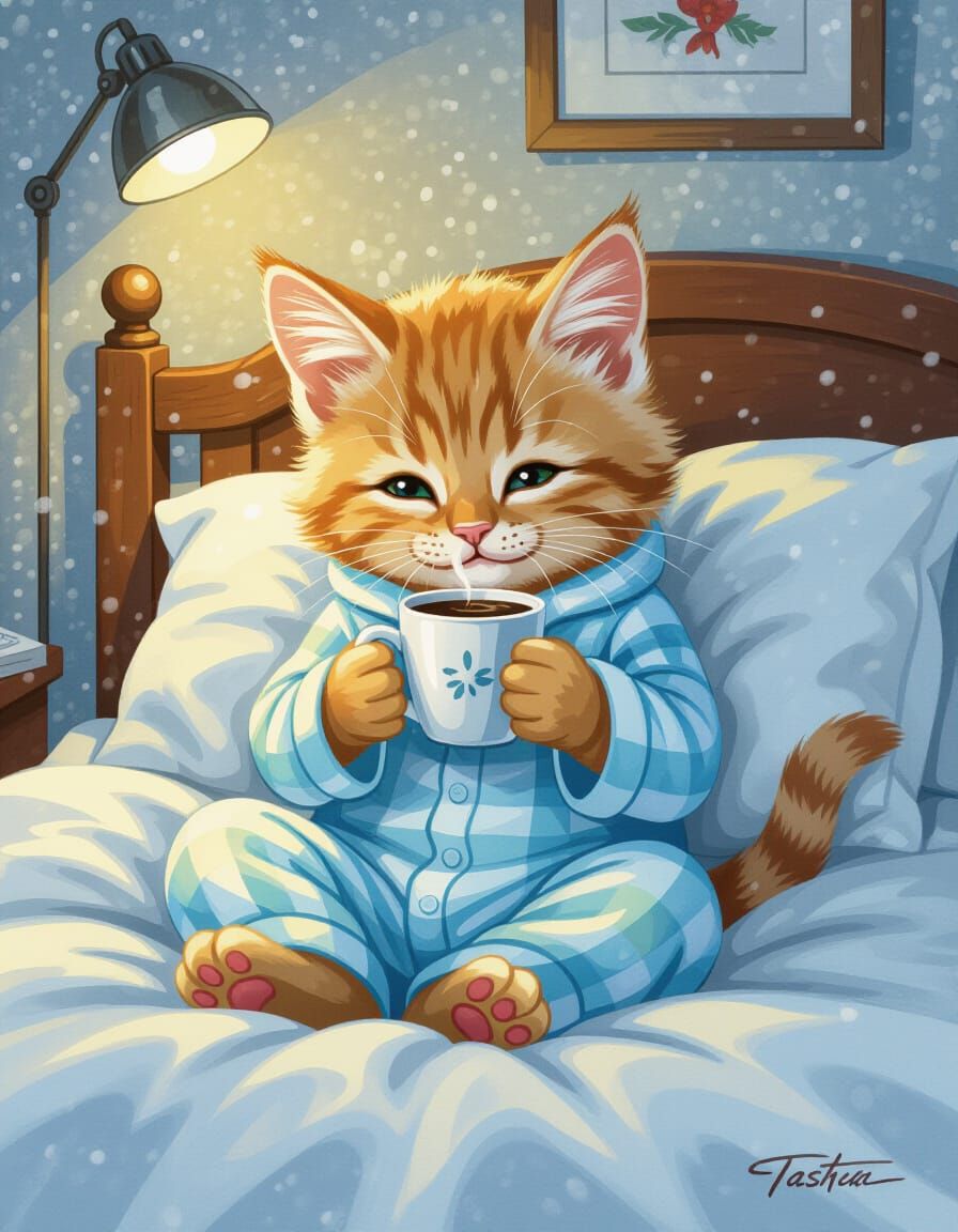 Cute Kitten in Pajamas Drinks Coffee on Snowy Morning