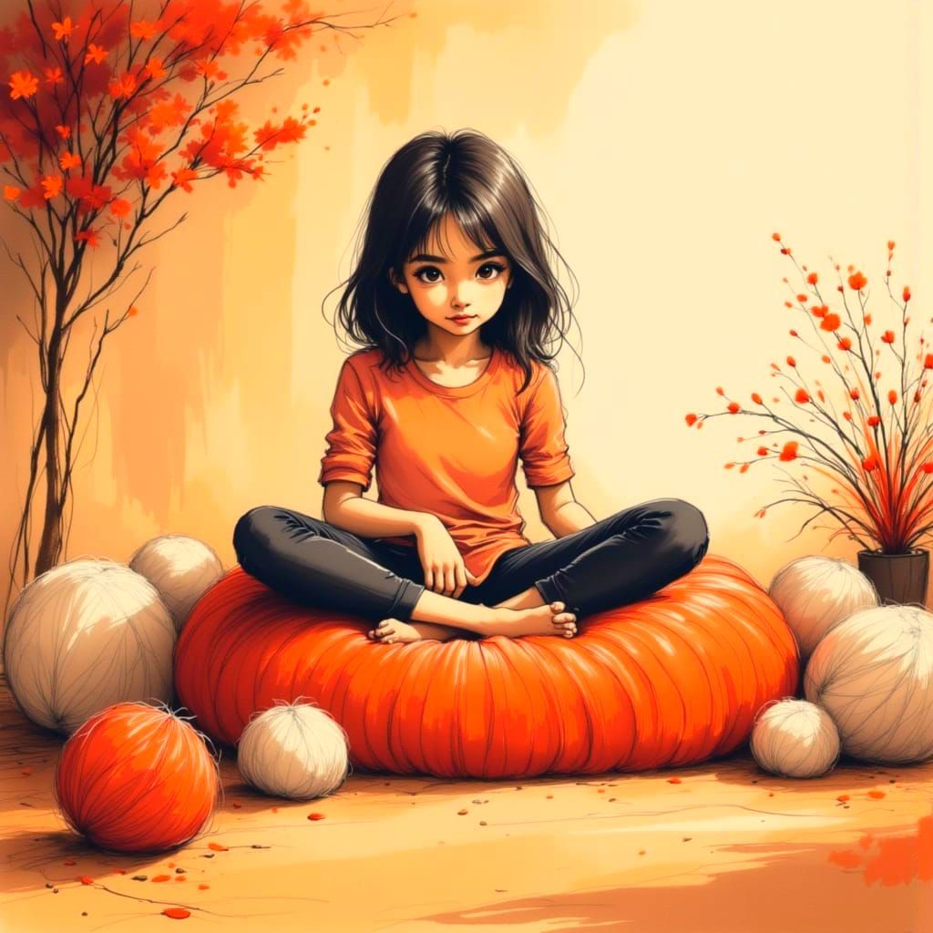 Anime Character on Knitted Pouf with Yarn Balls