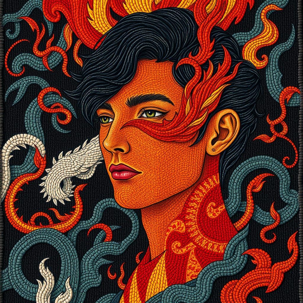The fire elemental (Woven tapestry surrealism)
