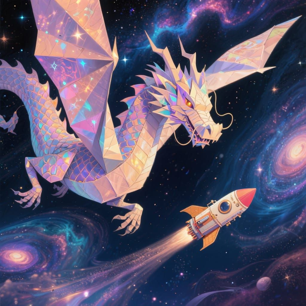 Origami Dragon Soaring Through Cosmic Skies