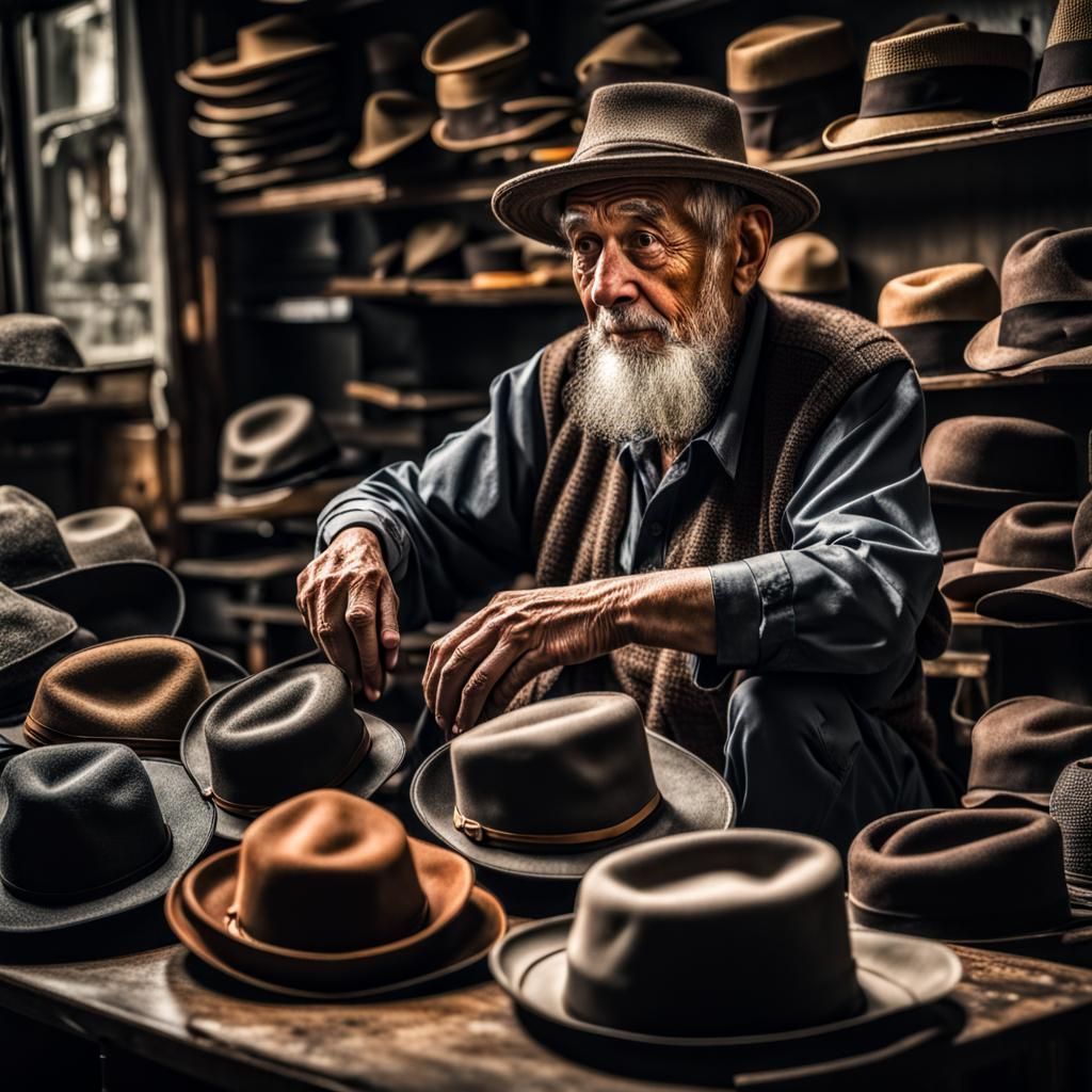 Hyperrealistic Old Man Making Hats in High Resolution