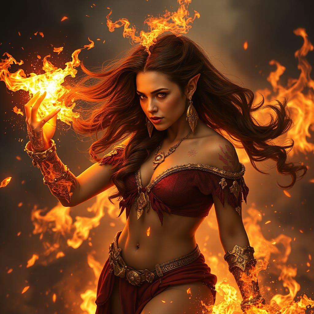 Epic Fire Sorceress in Volcanic Landscape, Digital Art