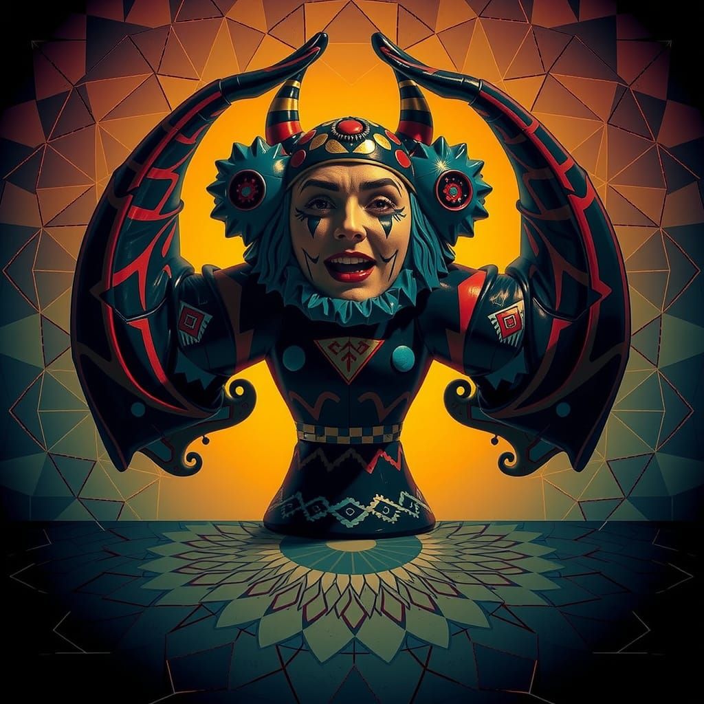 Harlequin Figure in Hypnotic Geometric Maze