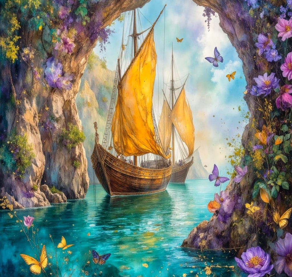 Magical Elvish Harbor Village in Watercolour Style