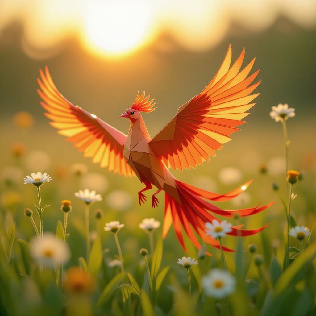 Phoenix Soaring Through Meadow with Origami Paper Feathers