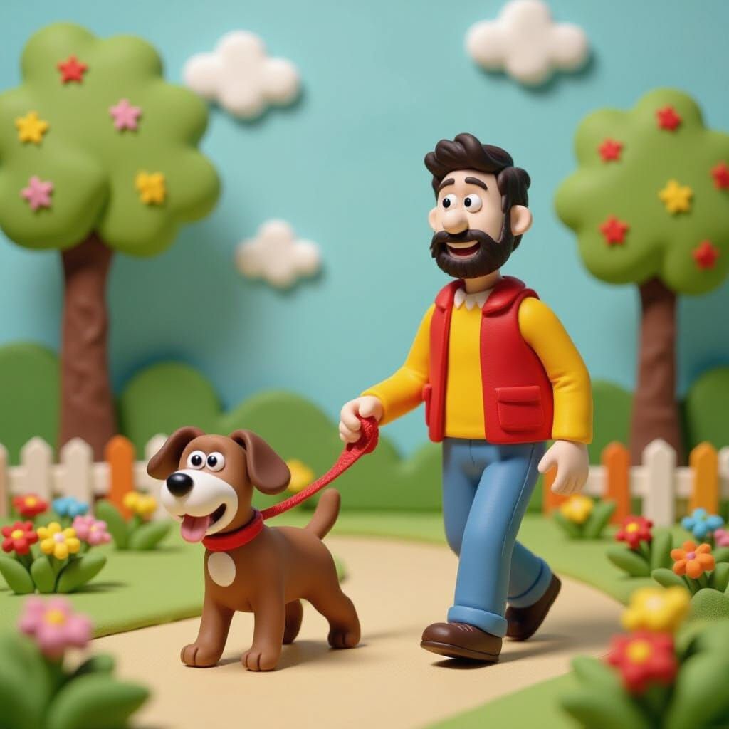 Colorful Claymation Scene of a Man Walking His Dog