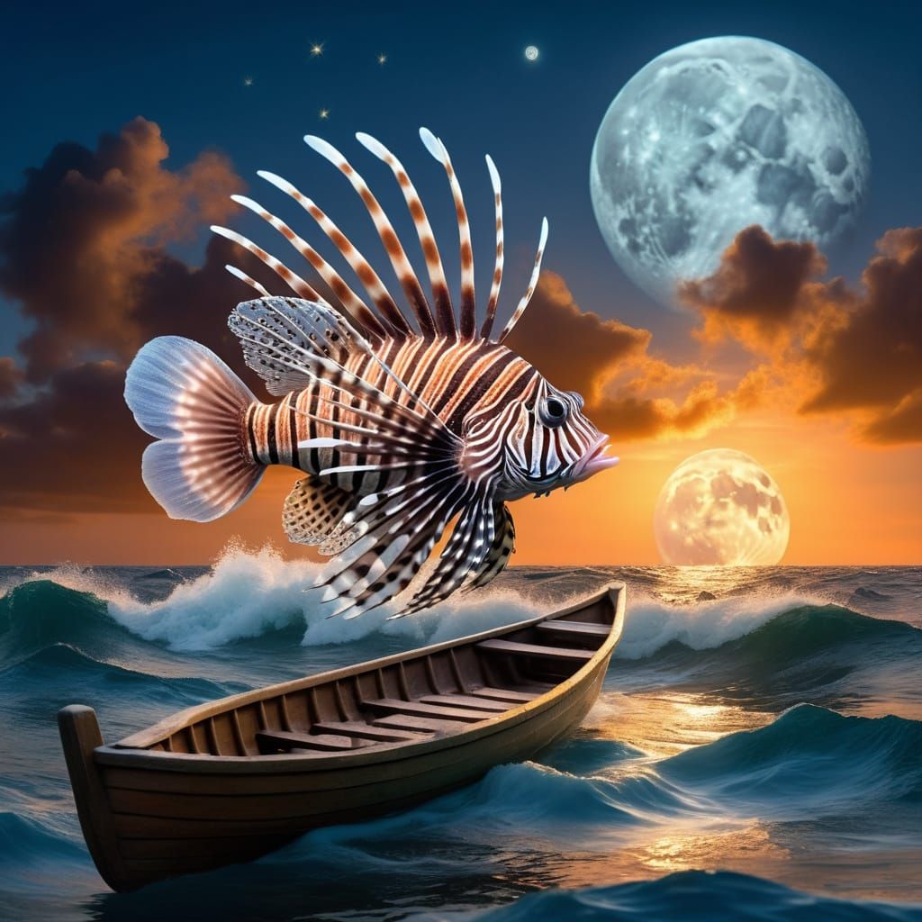 Majestic Lion Fish Sails Above Turbulent Seas, 2 Young Adven...