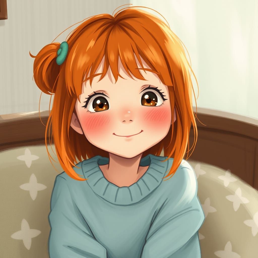 Smiling Orange-Haired Girl in Anime Style