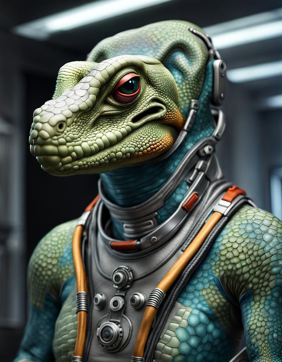 Reptilian-human fusion wearing an exotic spacesuit photoreal...