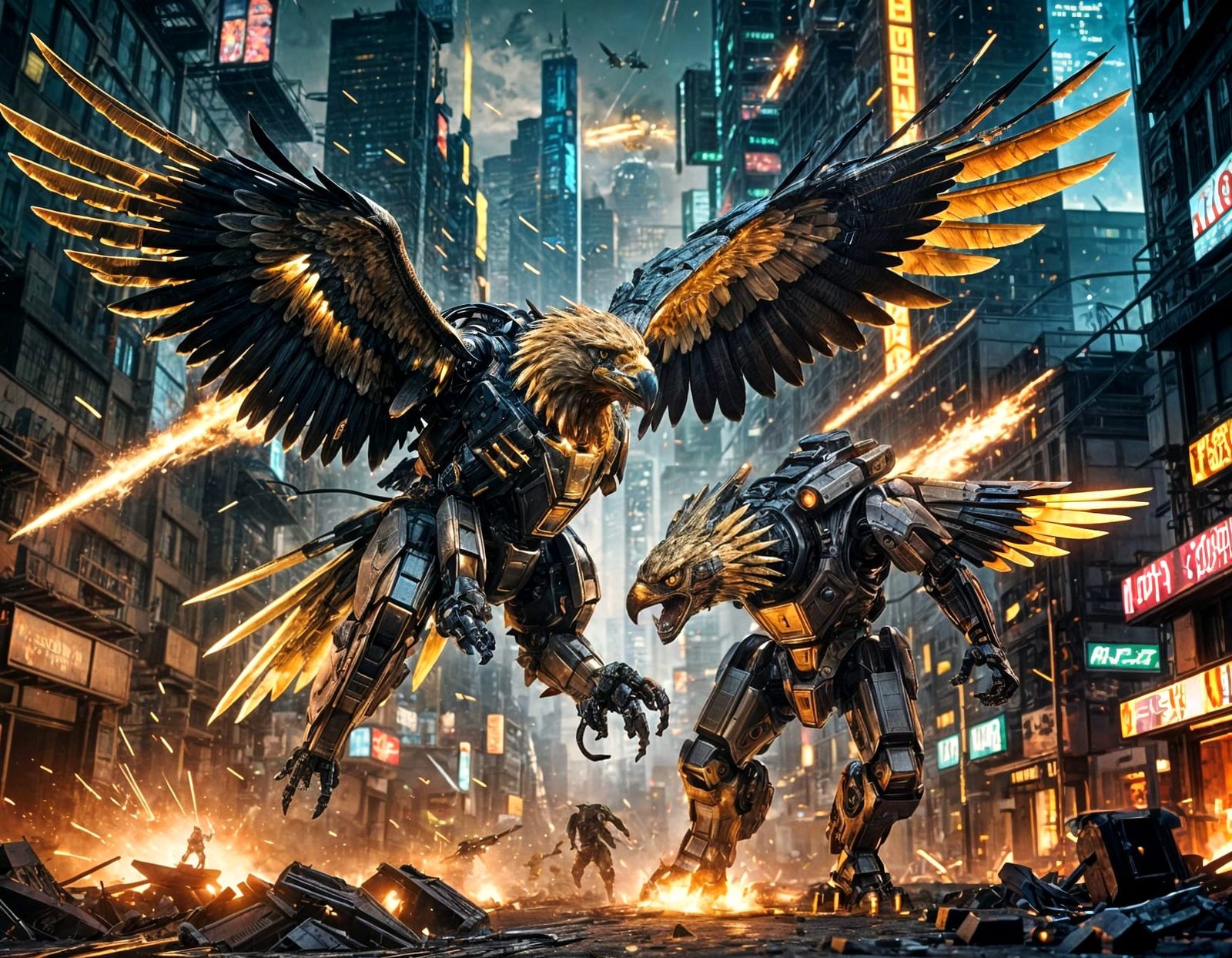 Full body portraits of two metal-clad golden eagle mecha cyb...
