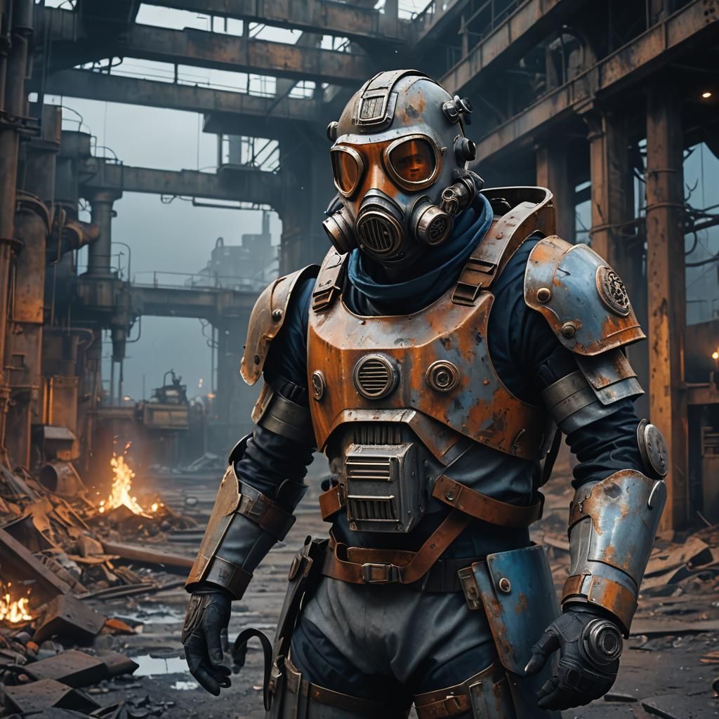 Armored Figure in Abandoned Industrial Landscape