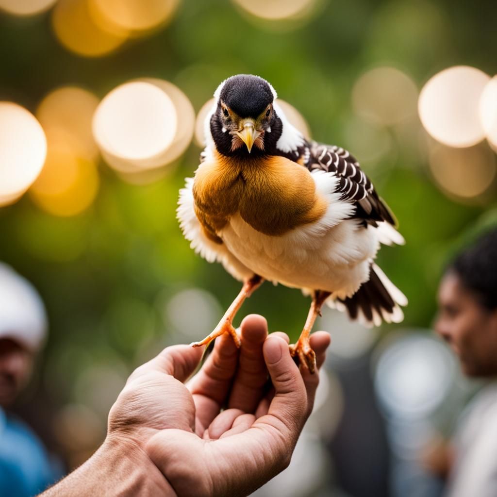 Chick Pecks Seed on Man's Hand: Professional Photography