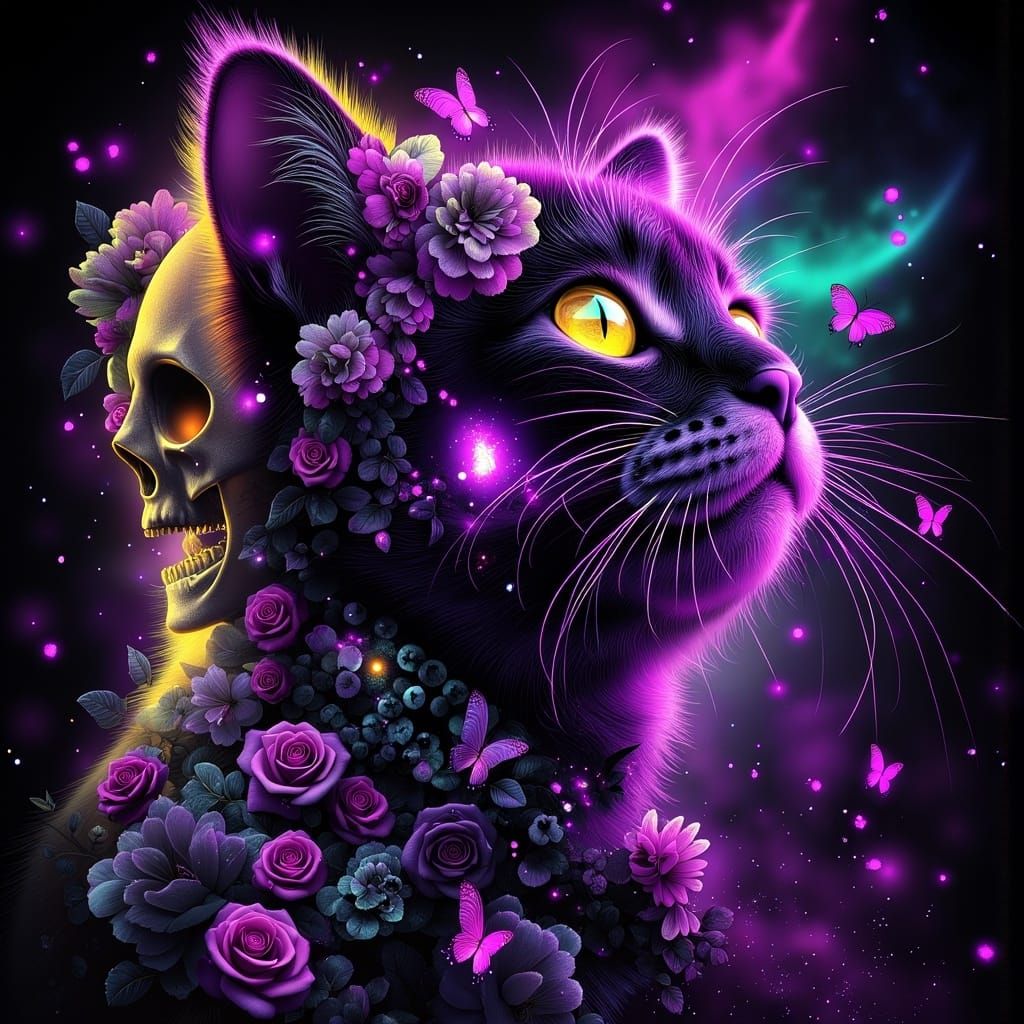 Surreal Double Exposure of Chonky Cat and Skull with Roses