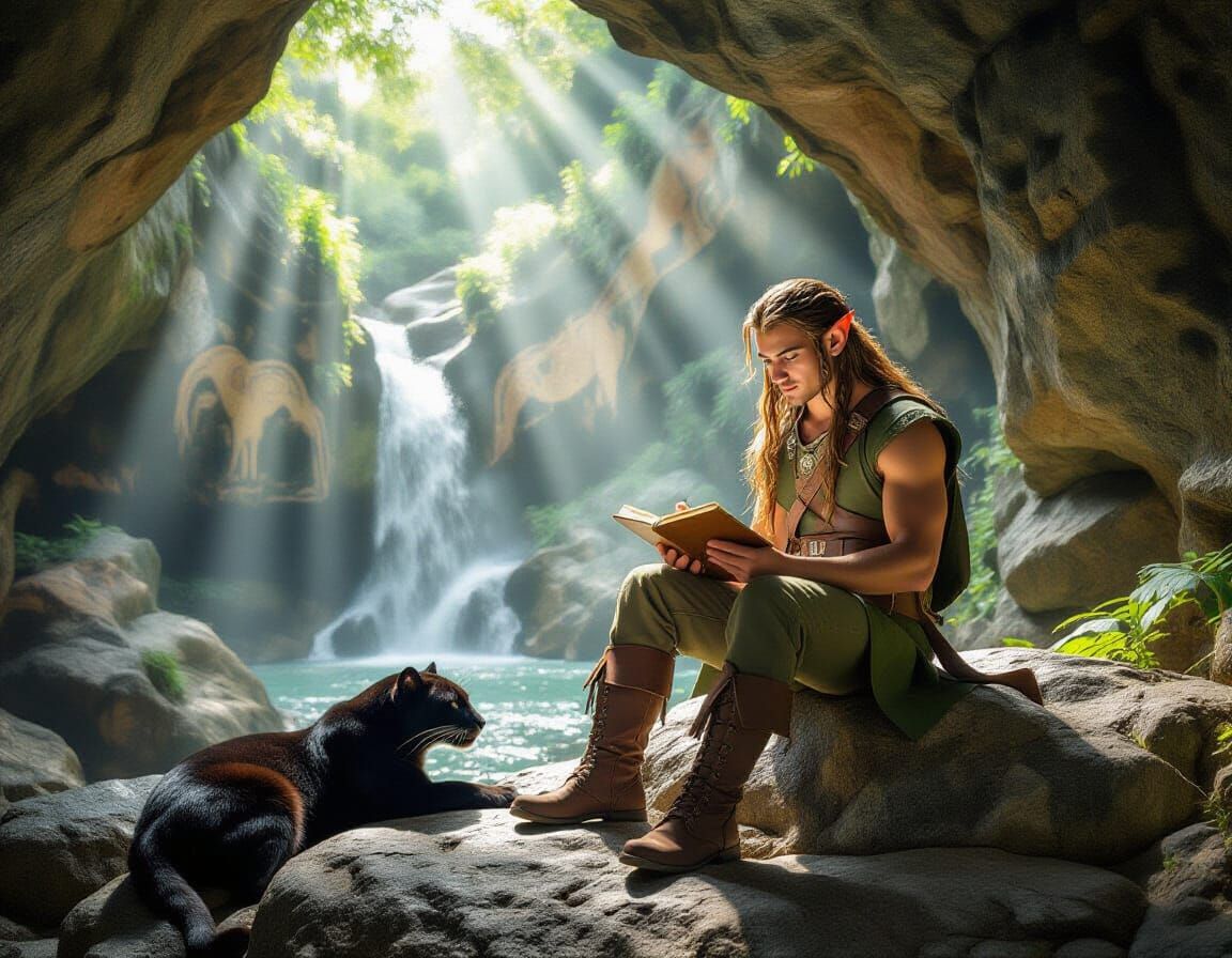 Elf Drawing in Grotto with Panther, Natural Photography