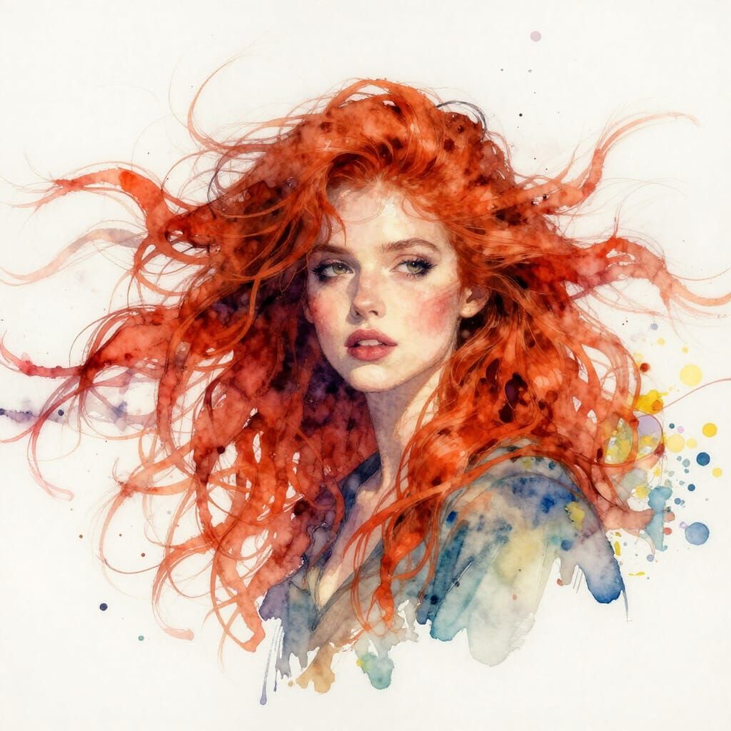 Expressionist Watercolor Woman with Chaotic Red Hair