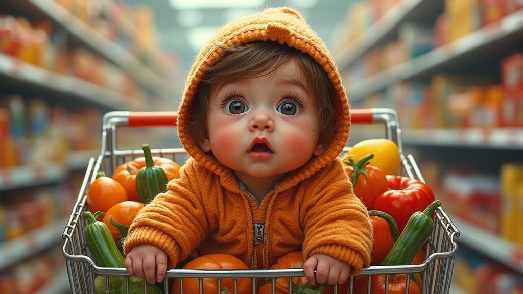 Baby in Shopping Cart, Art Nouveau Style