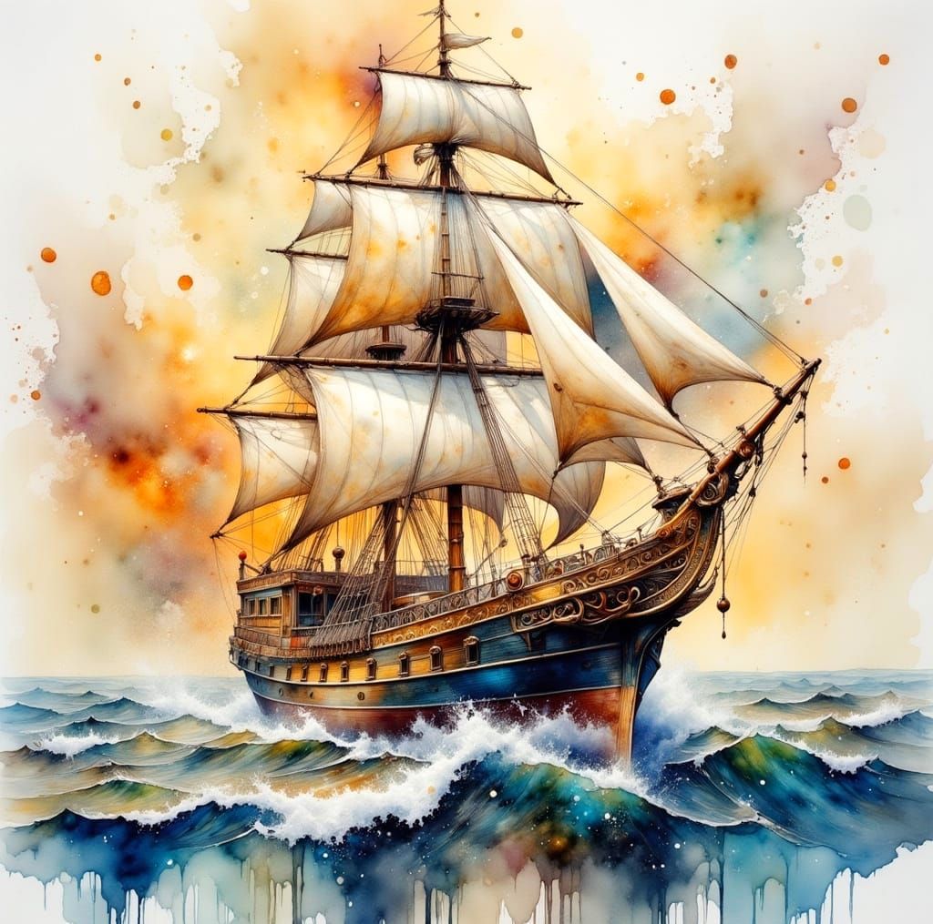 Whimsical Watercolor Sailing Ship in Sunset Snow