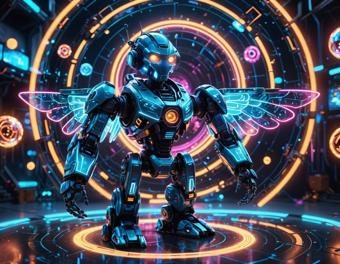 Neon Toy Robot on Holographic Orb, in Futuristic Style