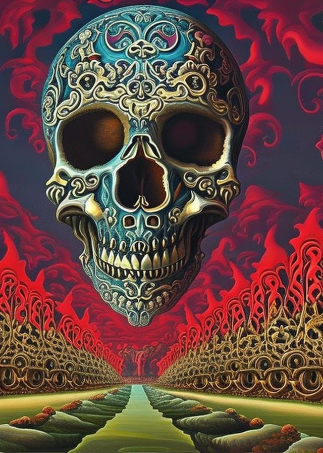 reddish skull of mortal in my heart by david ryan dezetta, in the style of intricate landscapes, surreal human figures, ...
