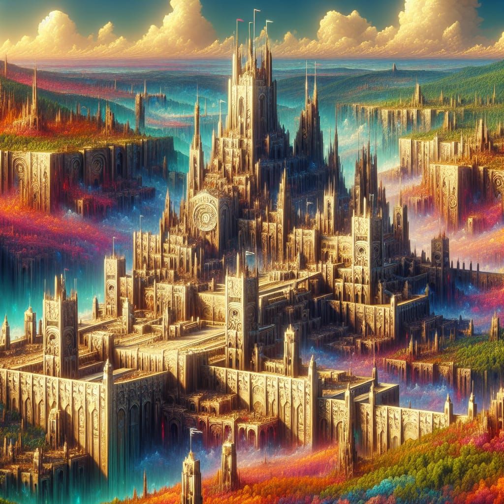 Spectacular Fantasy Metropolis Unfolds Against Lush Landscap...