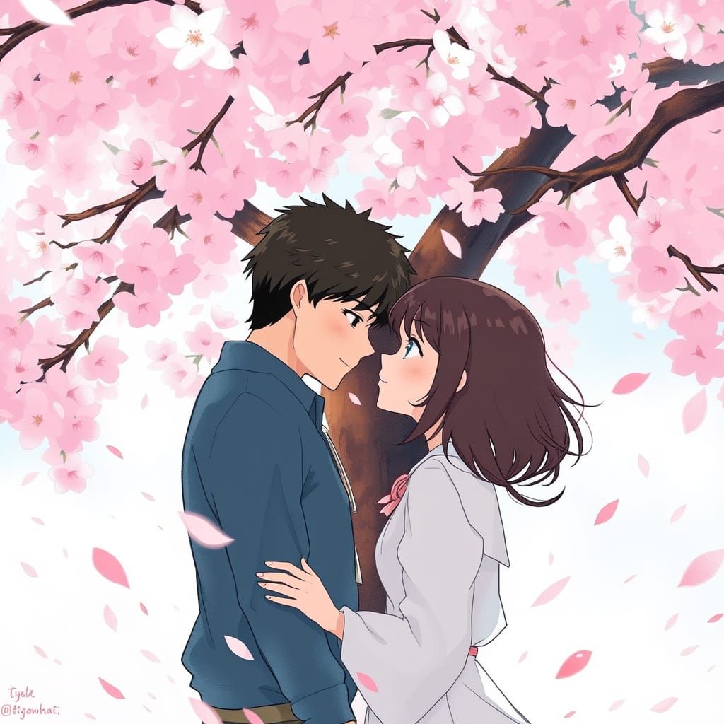 Tender Cherry Blossom Moment in Vibrant Watercolor Style