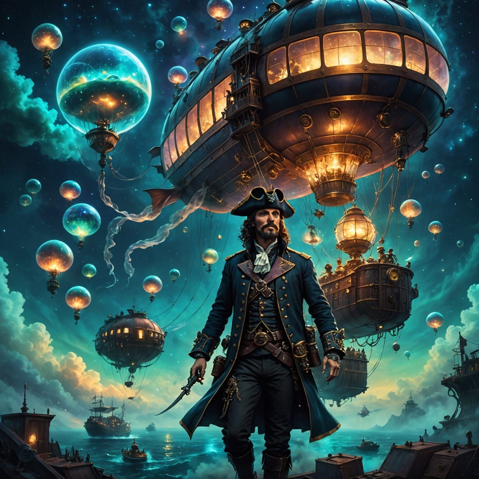 Pirate Captain Navigating Nebula in Steampunk Airship