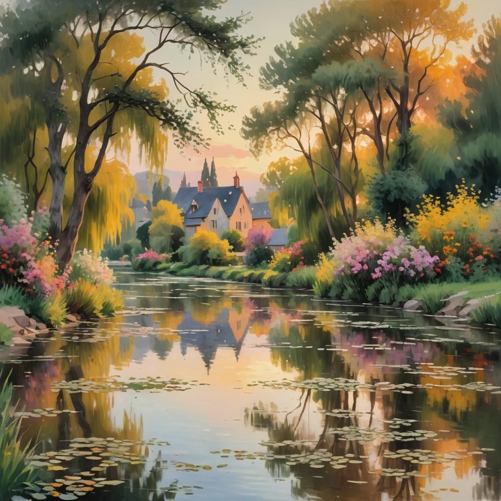 Impressionist Village Scene at Sunset