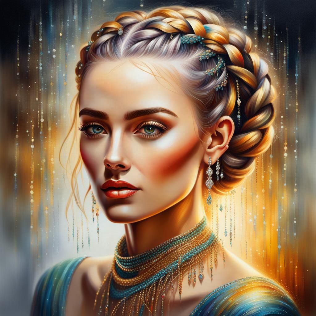 Elegant Oil Painting Portrait of a Young Lady with Pinned-Up...