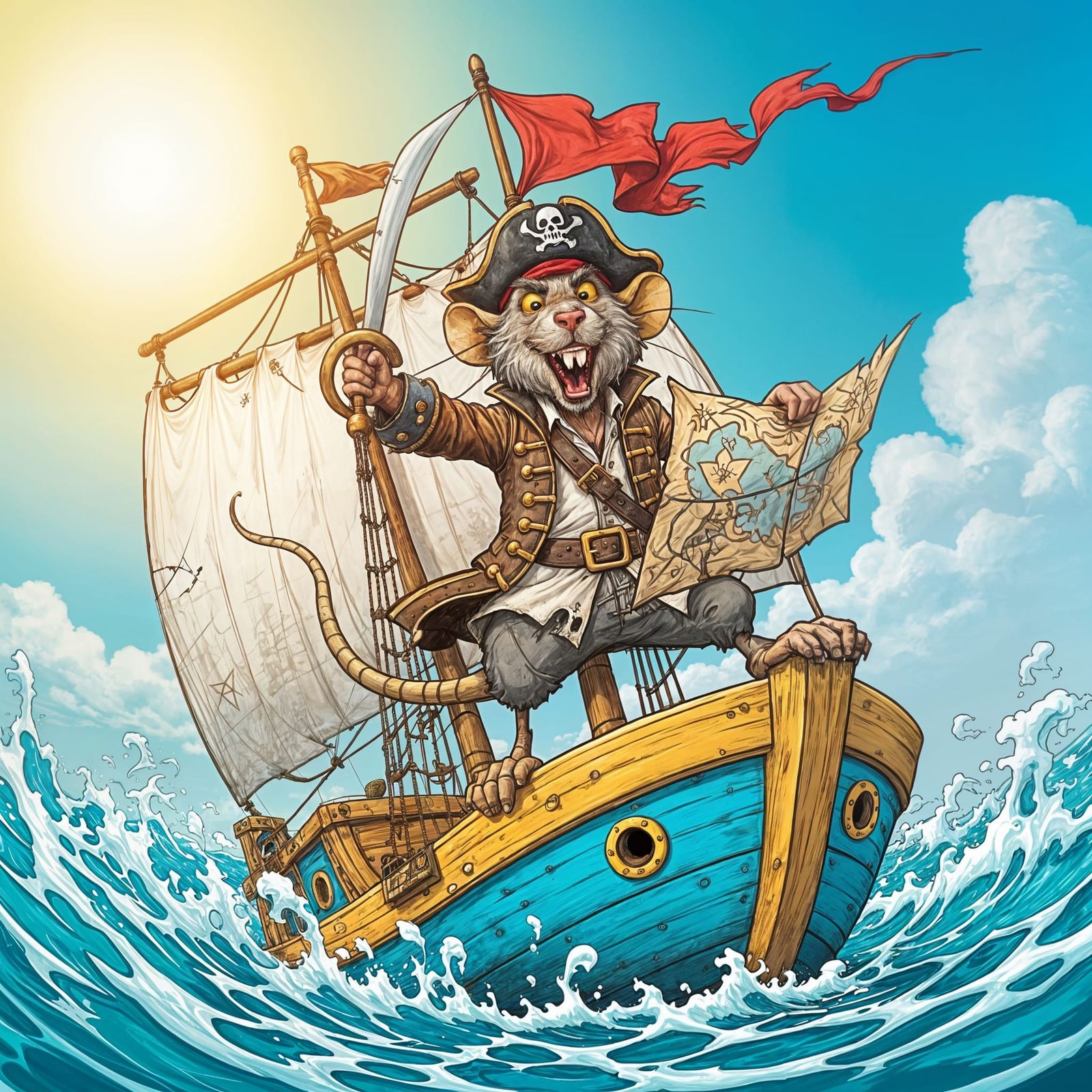 Pirate Rat Comic Illustration on Sailship