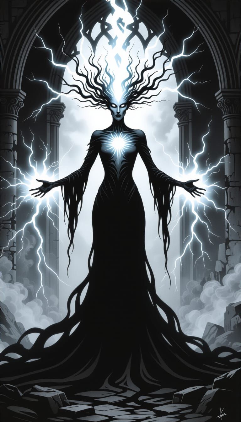 Ethereal Being of Lightning in Gothic Ruins