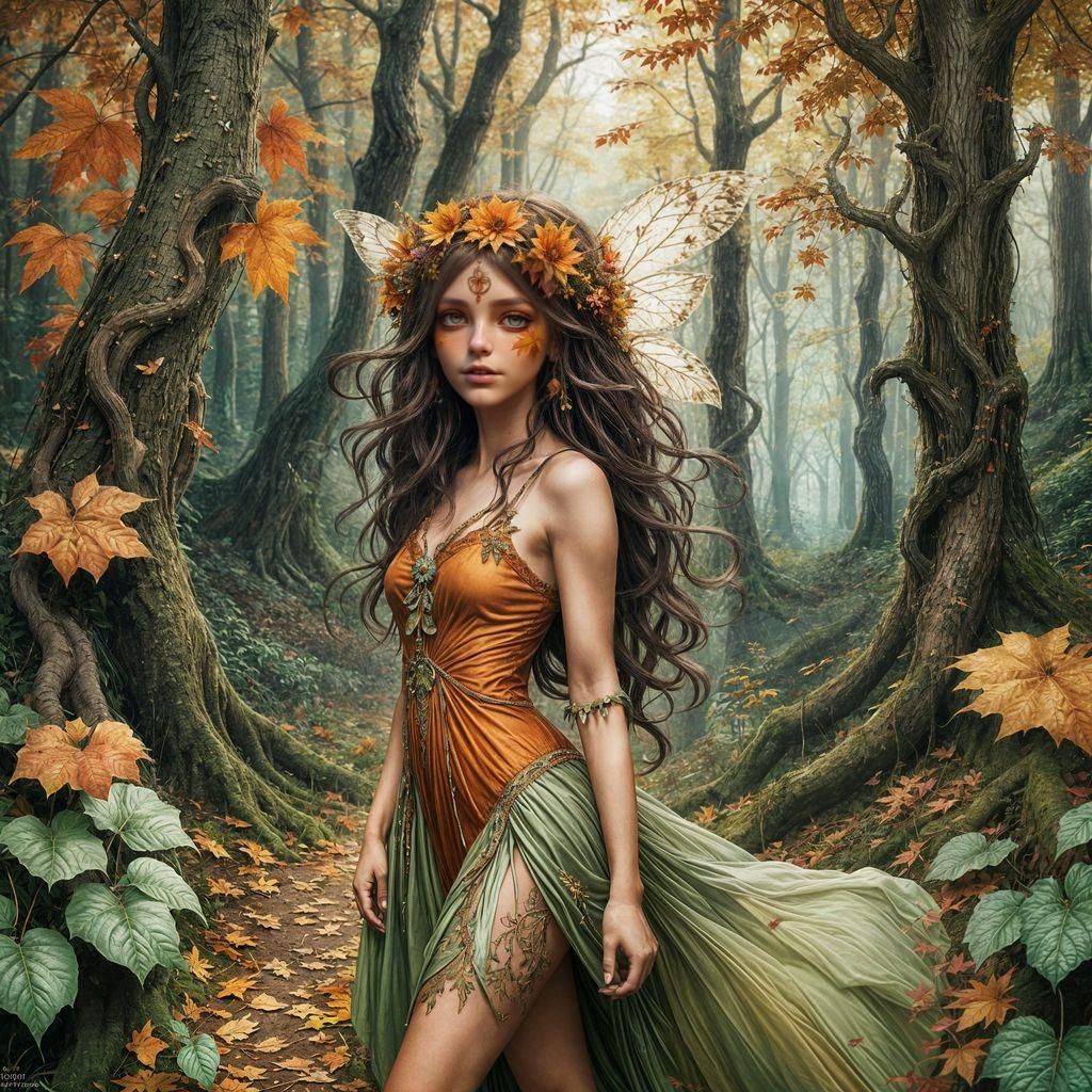 Hippie Fairy Girl in Autumn Woods: Fantasy Art