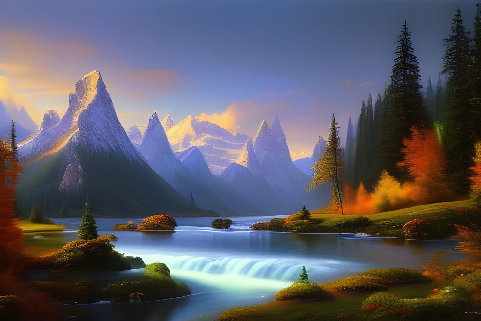 Beautiful mountain forest with waterfalls at the golden hour - 1426