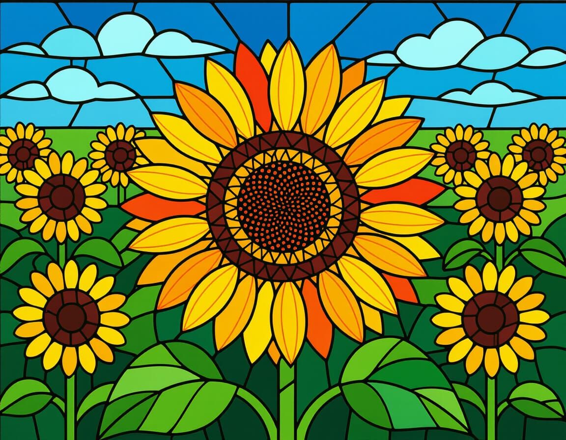 Vibrant Sunflower Field in Stained Glass Style