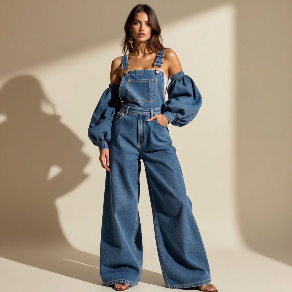Woman in Ultra-Wide Leg Denim Overalls and Sleeves
