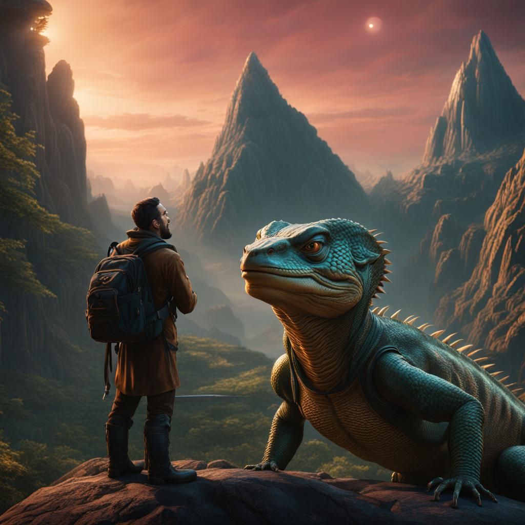 Man Talks to Reptilian Alien in Detailed Matte Painting