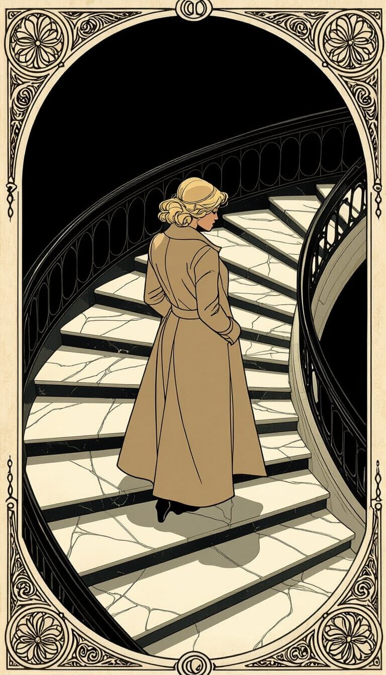 Elegant Woman on Spiral Staircase in Art Nouveau Style