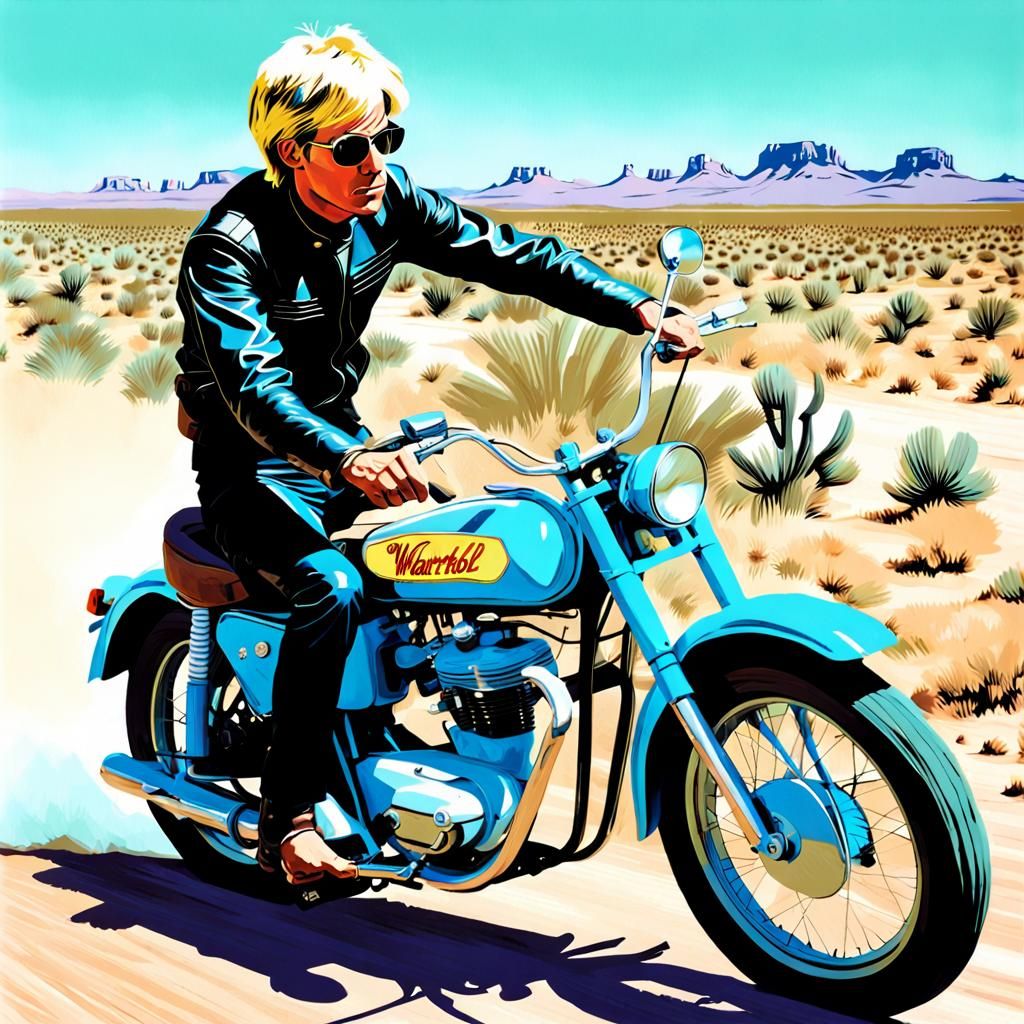 Vintage Motorcyclist in Desert, Pop Art Style